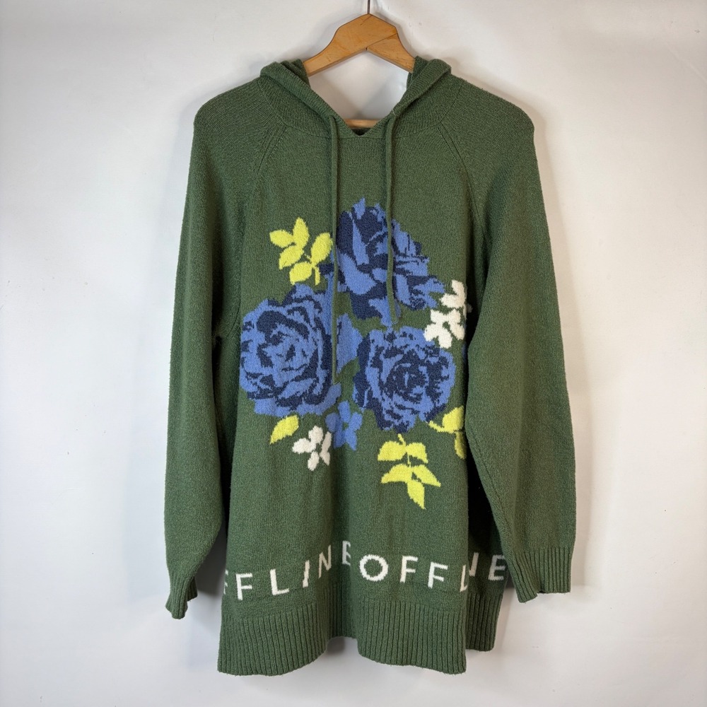 OFFLINE by Aerie Sweater Hoodie Women XL Green Floral Logo Oversized Knit